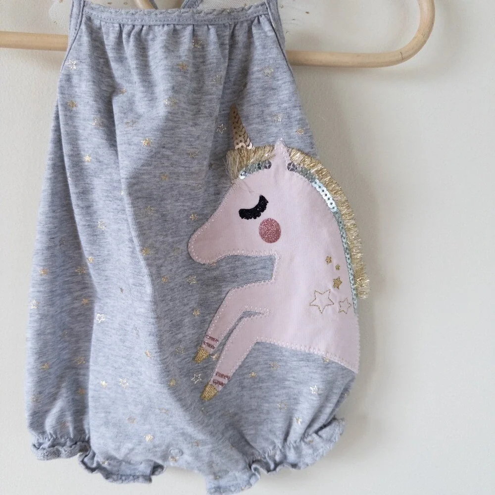 Mud Pie Baby Girl 0-3m Unicorn‎ Bubble Romper Gold Tulle Summer
